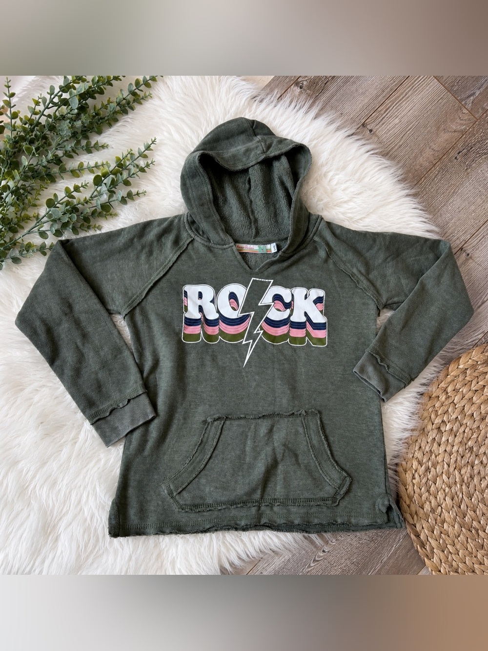 Vintage Havana Girls Rock Graphic Fleece Hoodie Olive Green Size L 14